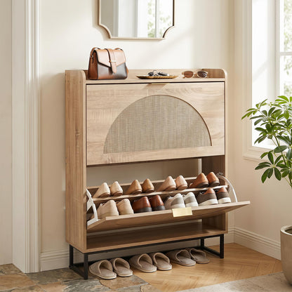 24cm Narrow Shoe Cabinet with 2 Rattan Flip Drawers