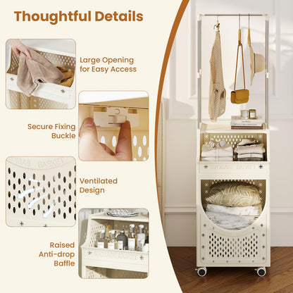 3/4-Tier Laundry Basket Trolley on Wheels, Foldable Laundry Hamper Cart