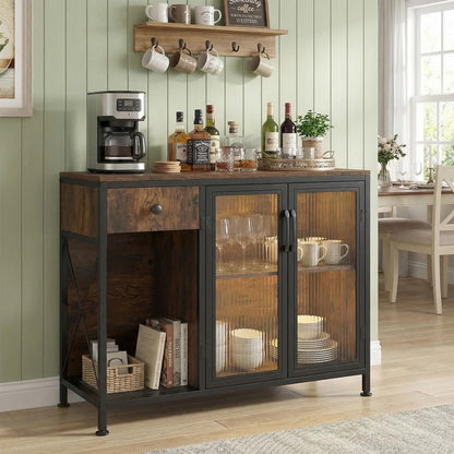 Buffet Sideboard with Power Outlets & RGB LED Lights, Wooden Storage Cabinet