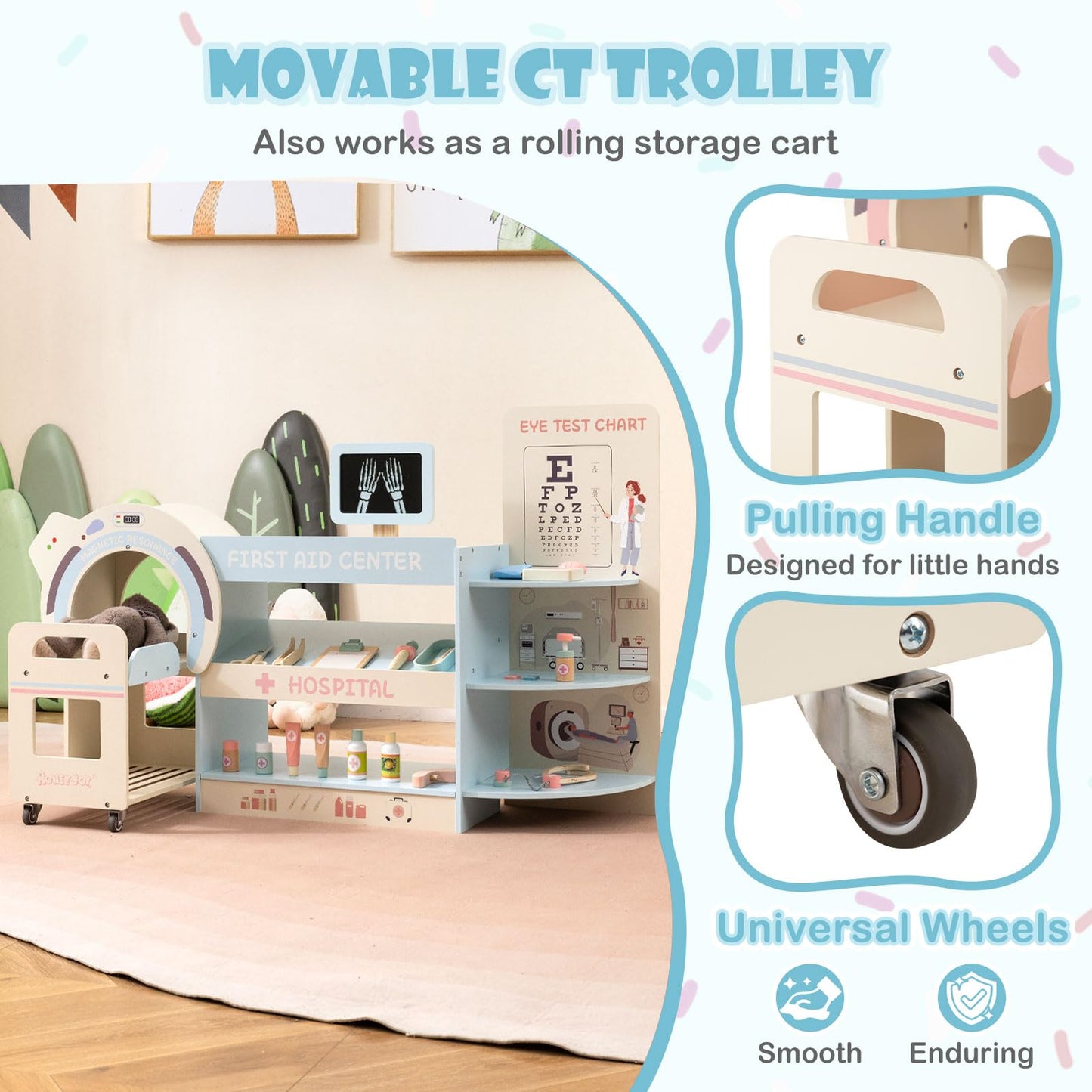 Wooden Pretend Hospital Office Kit with Eye Chart and Toy CT Machine