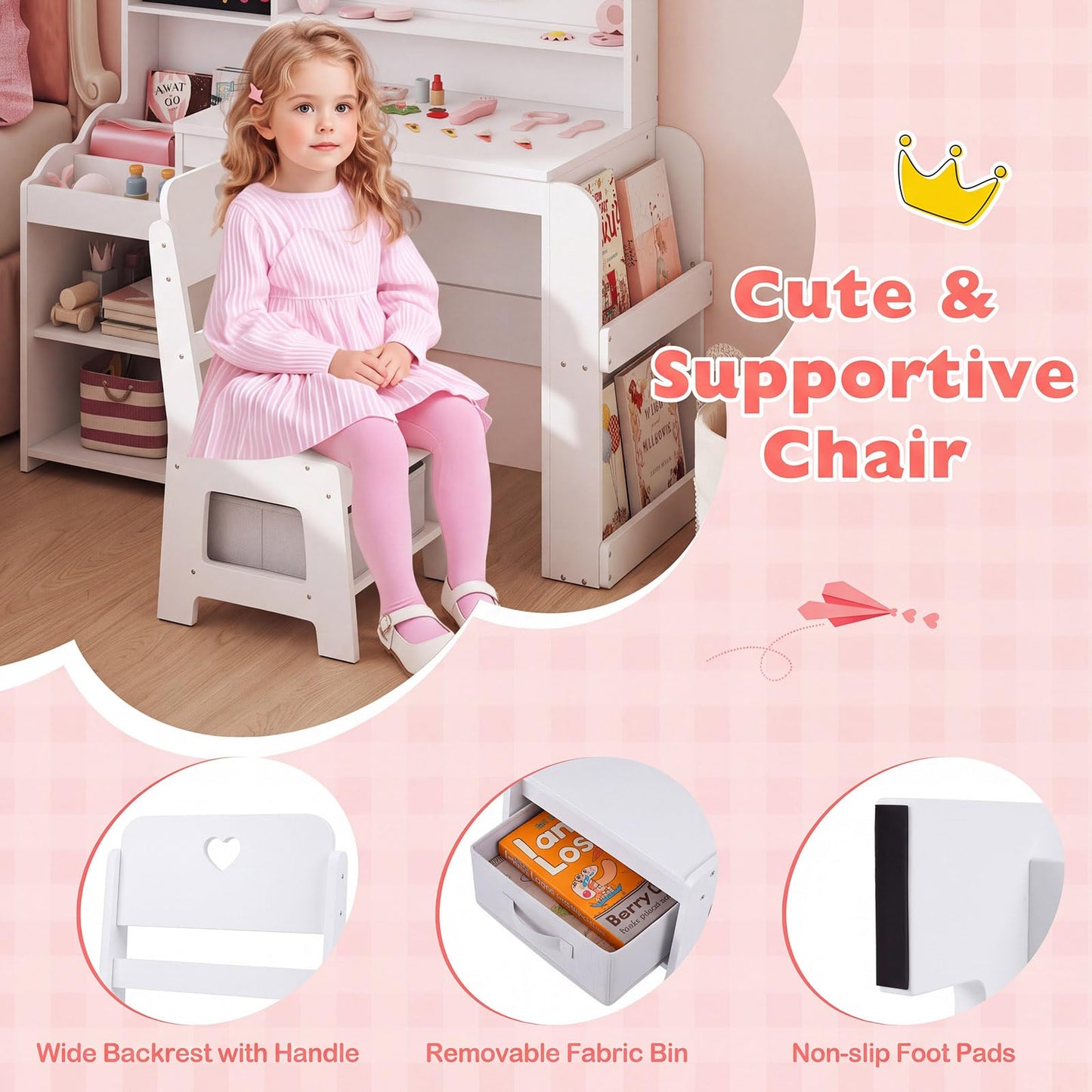 Kids Dressing Table with Lighted Mirror (White, With Storage