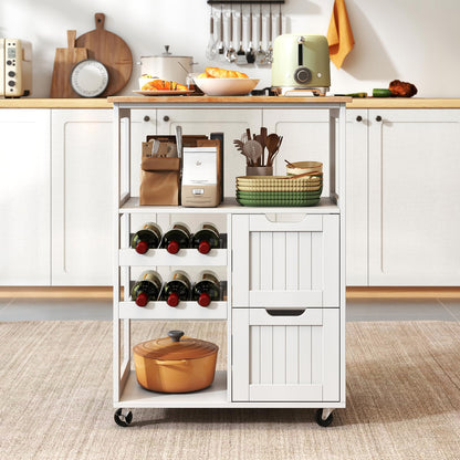Rolling Kitchen Island Cart with Rubber Wood Top, White