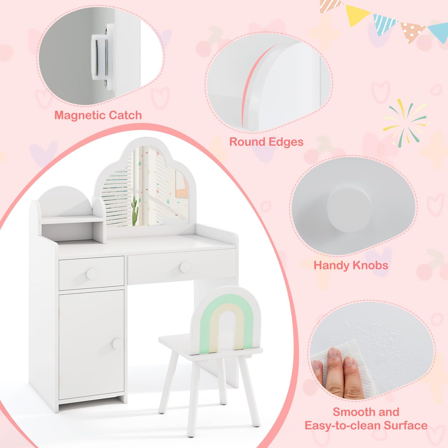 Kids Vanity Table and Chair Set with Cloud-shaped Mirror and Shelf Drawers