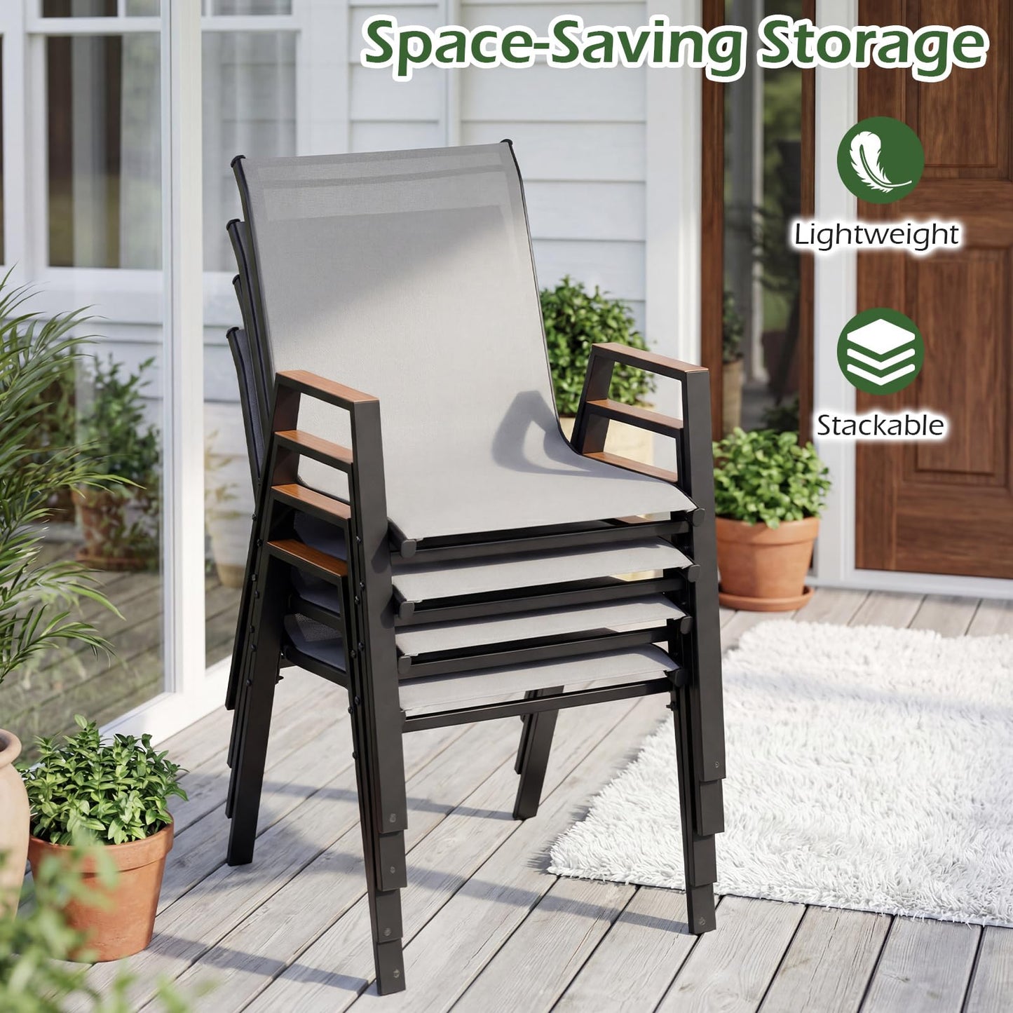 Garden Chairs Set of 2/4, Stackable Outdoor Dining Chairs with Armrests