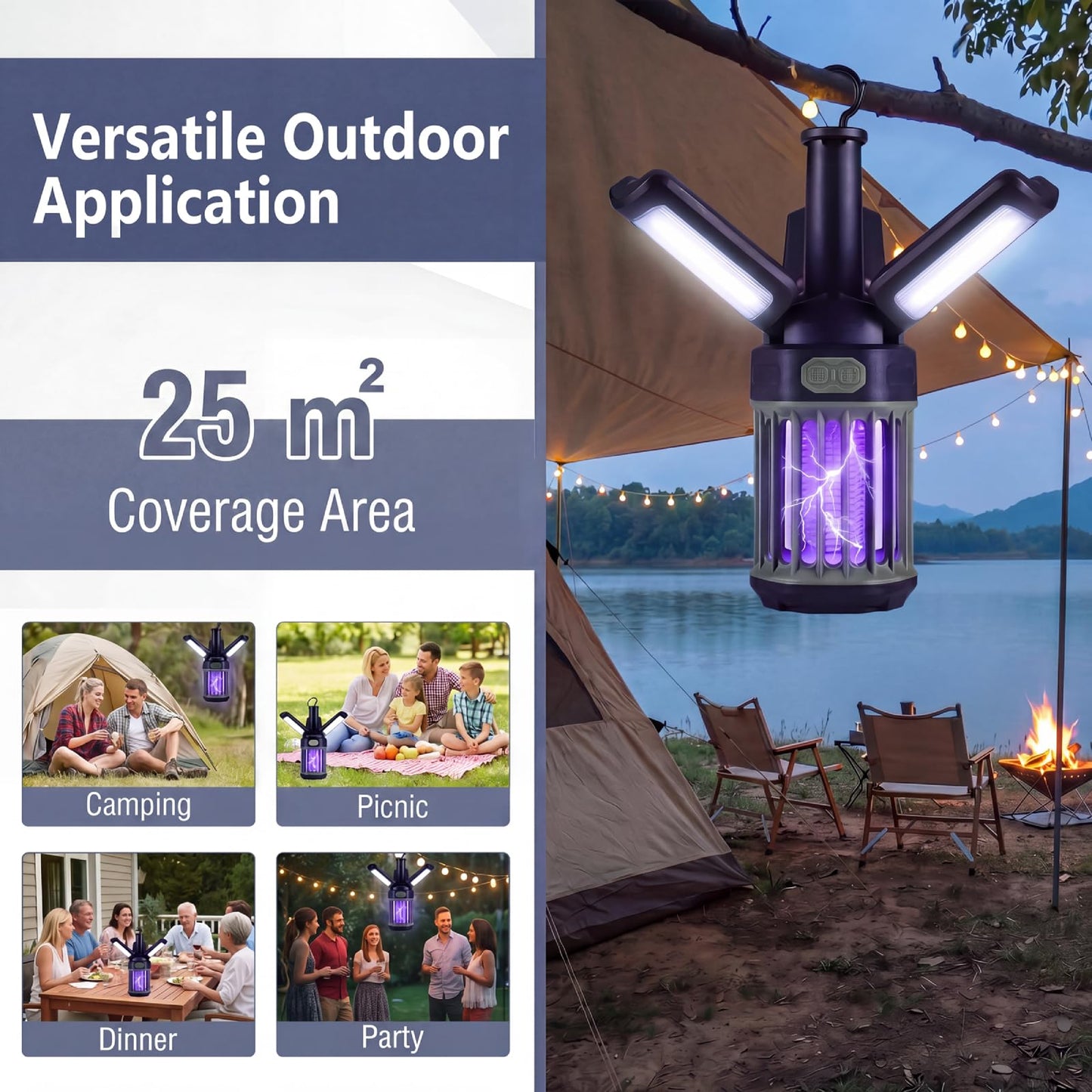 Outdoor Bug Zapper with Foldable Lantern USB-C Rechargeable for Camping