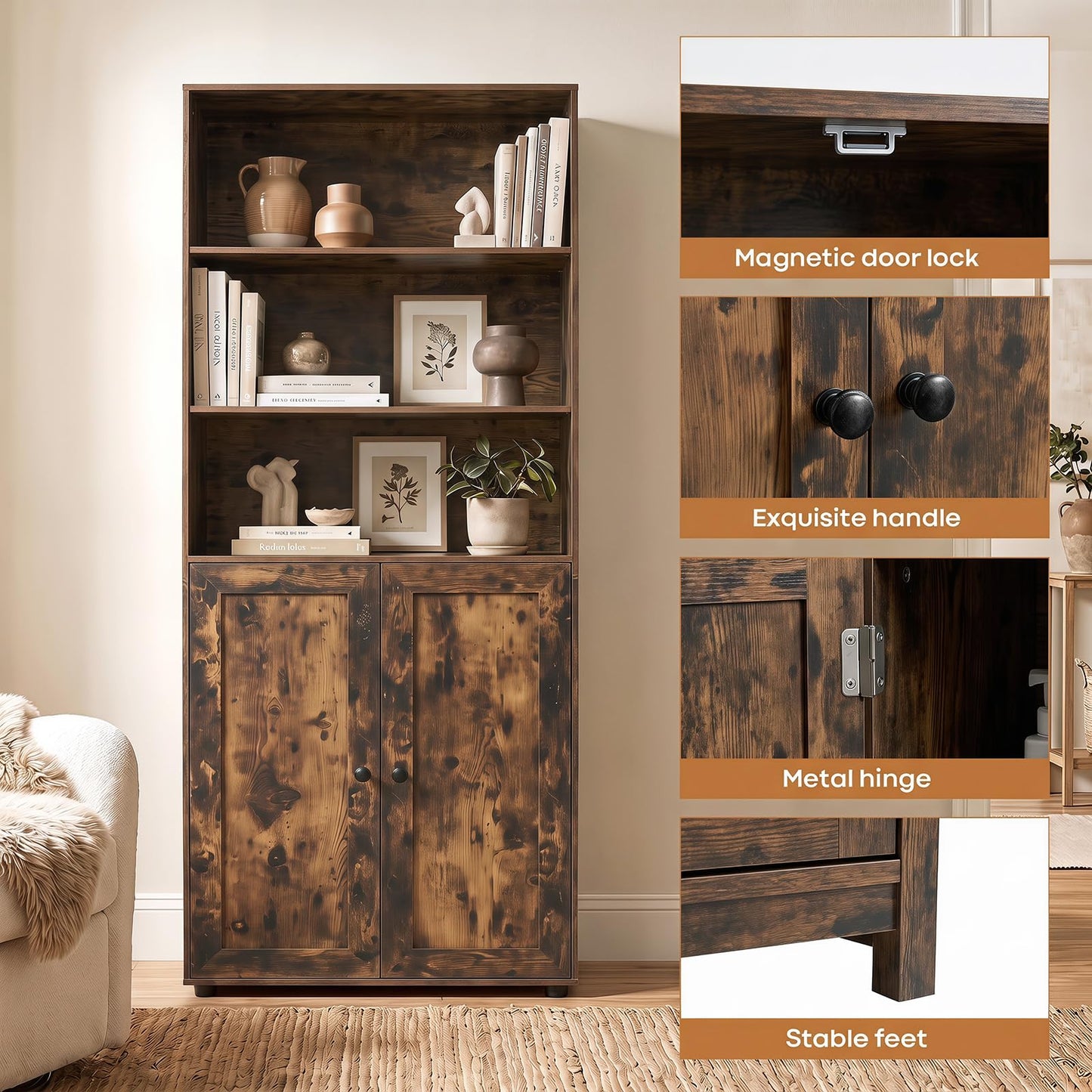 181 CM Tall Bookcase with 3 Shelves and Adjustable Shelf for Home Office