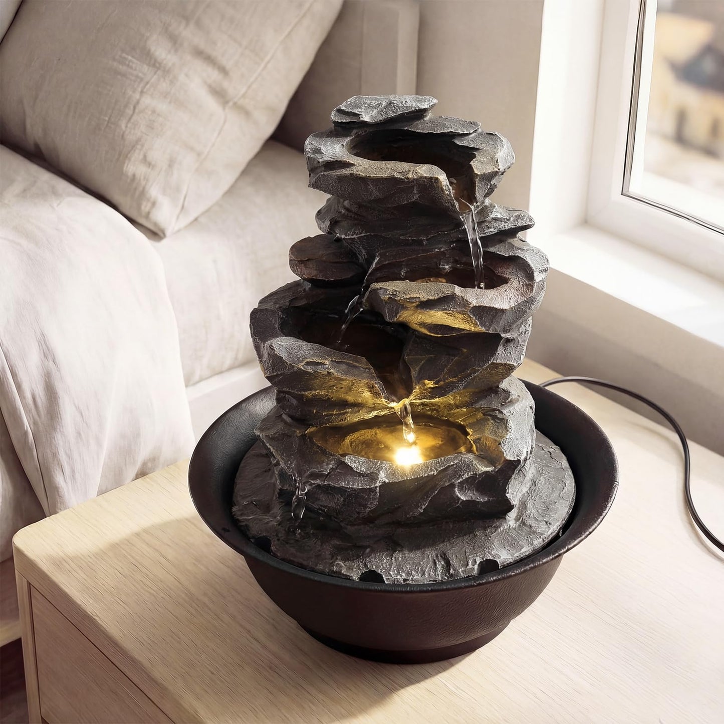 Indoor Water Fountain, Tabletop Indoor Water Feature with LED Light