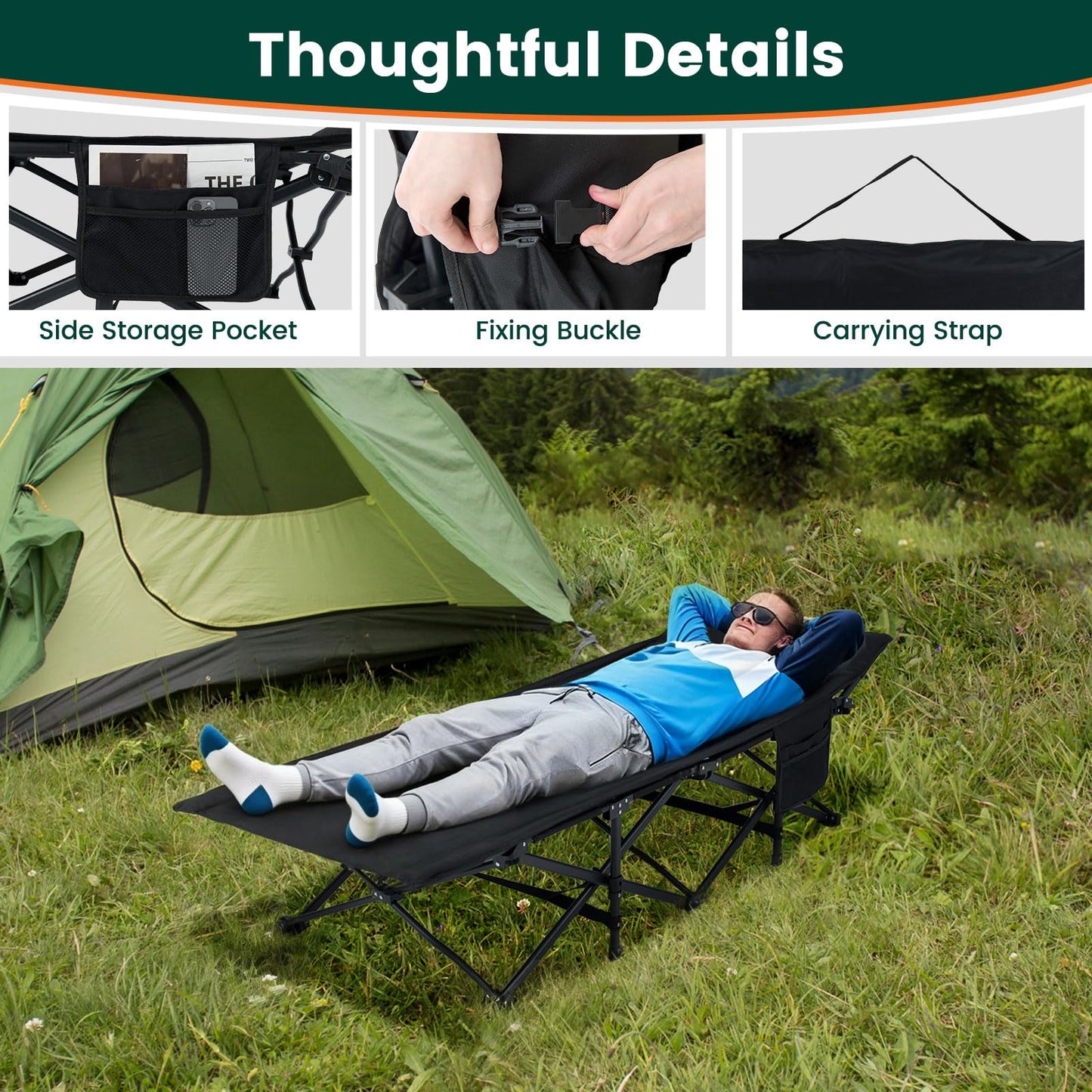 Foldable Camping Cot for Adults Heavy Duty Sleeping Bed with Slanted Headrest