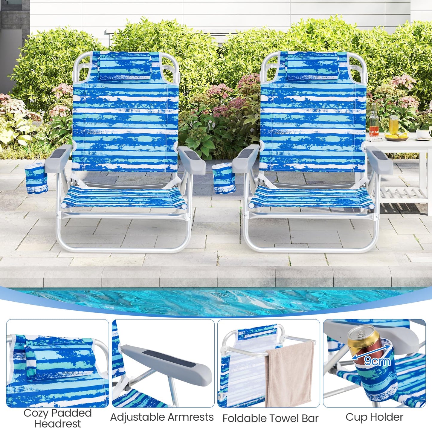 2 Pack Folding Beach Chair Lightweight Lay Flat Lounge Chair