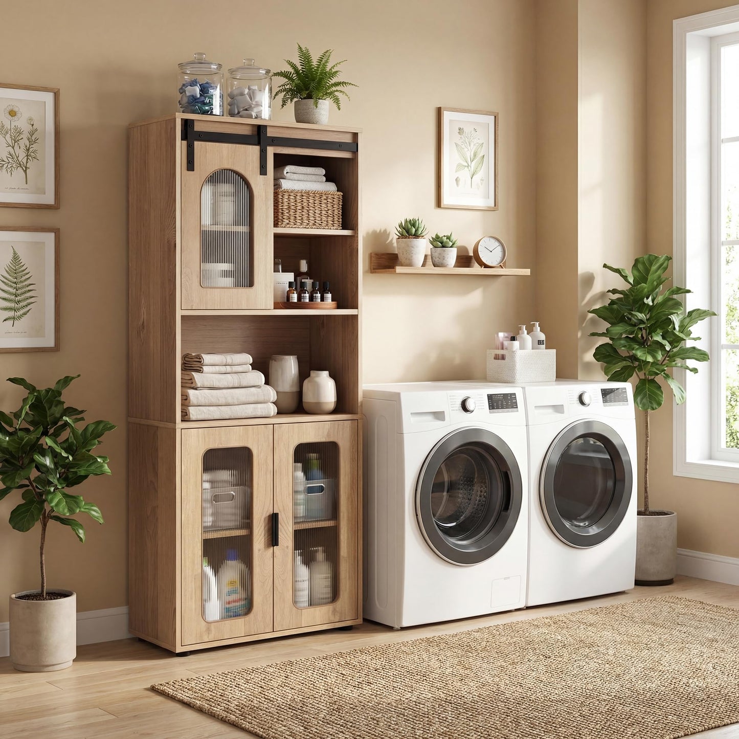 Bathroom Floor Cabinet with Shelves and Sliding Barn Door