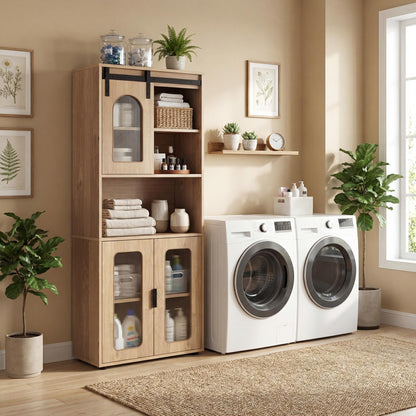 Bathroom Floor Cabinet with Shelves and Sliding Barn Door