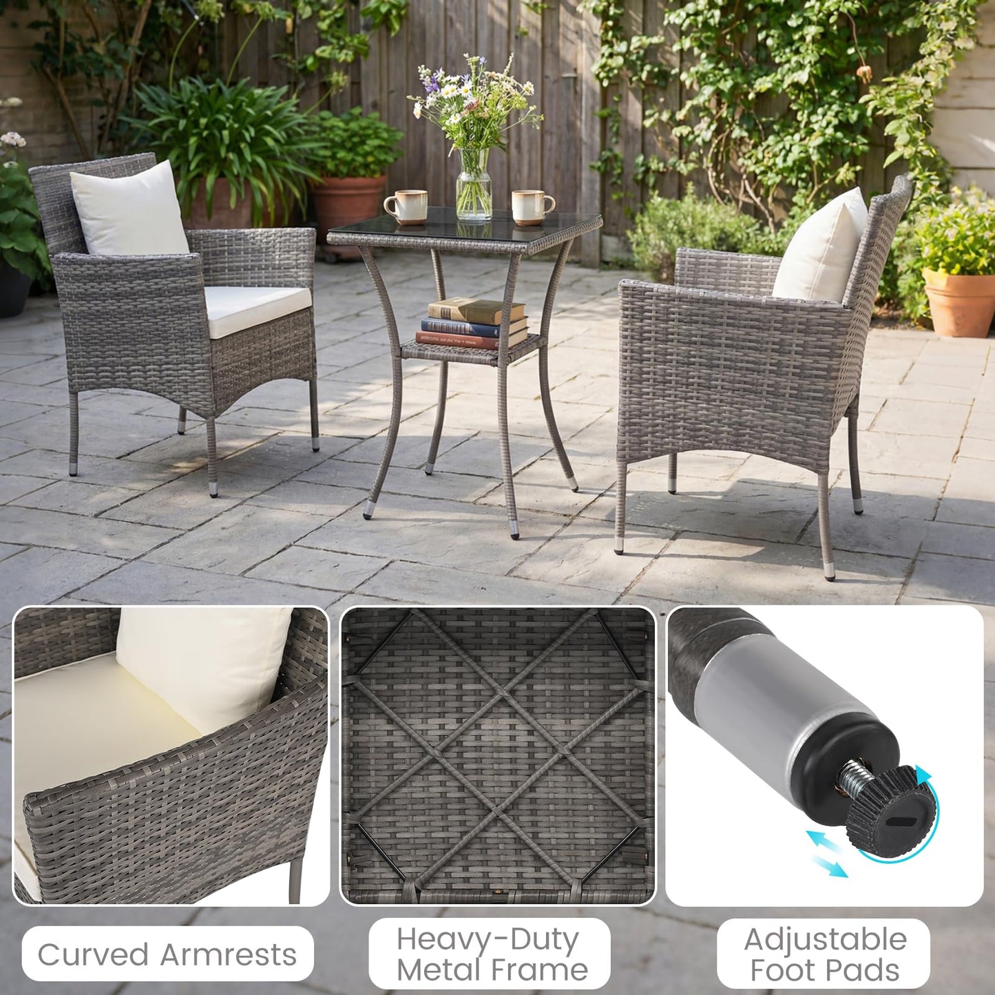 3-Piece Patio Bistro Set, PE Rattan Furniture Set with 2 Cushioned Chairs and Tempered Glass Table