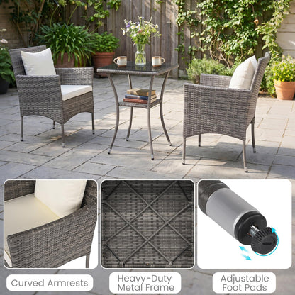 3-Piece Patio Bistro Set, PE Rattan Furniture Set with 2 Cushioned Chairs and Tempered Glass Table
