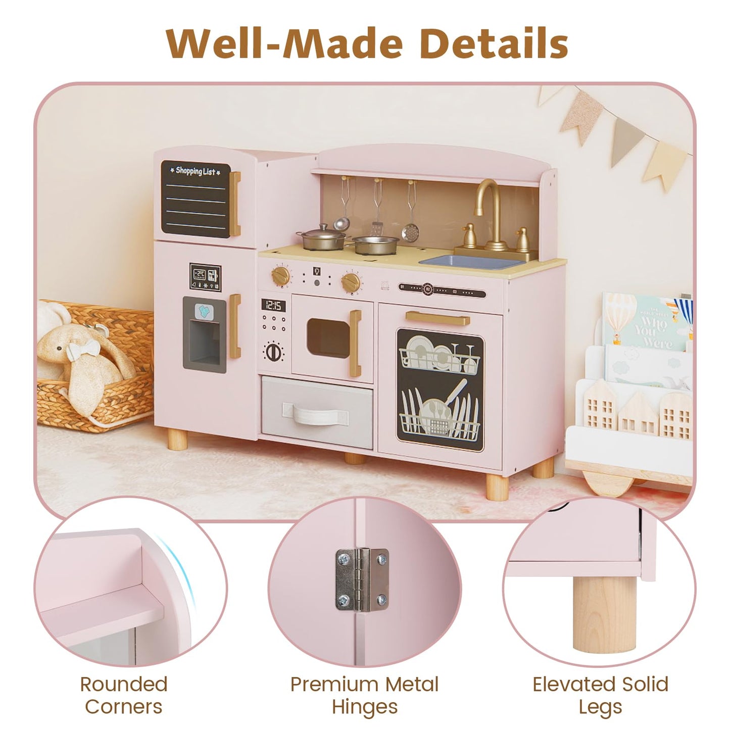 Wooden Kids Play Kitchen with Ice Maker and Fabric Drawer