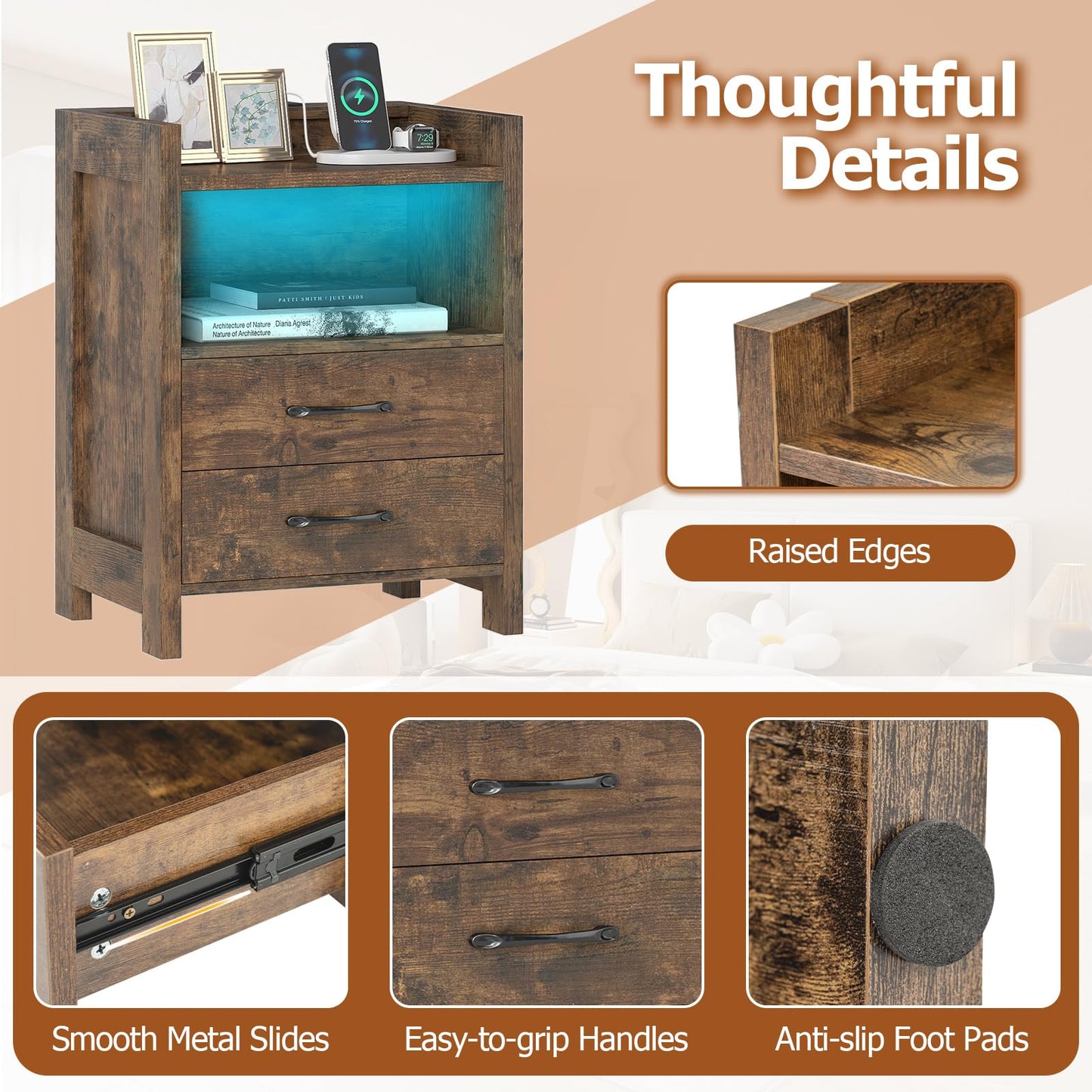 Nightstand with LED Lights and Power Outlets for Living Room