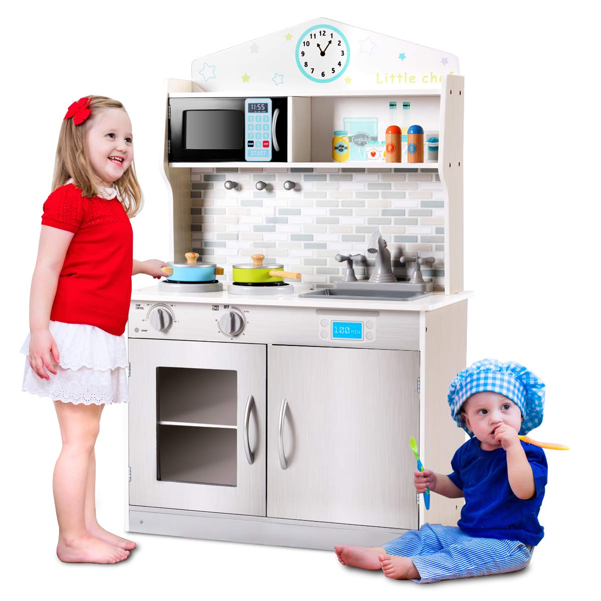 Wooden Play Kitchen with Utensil Set