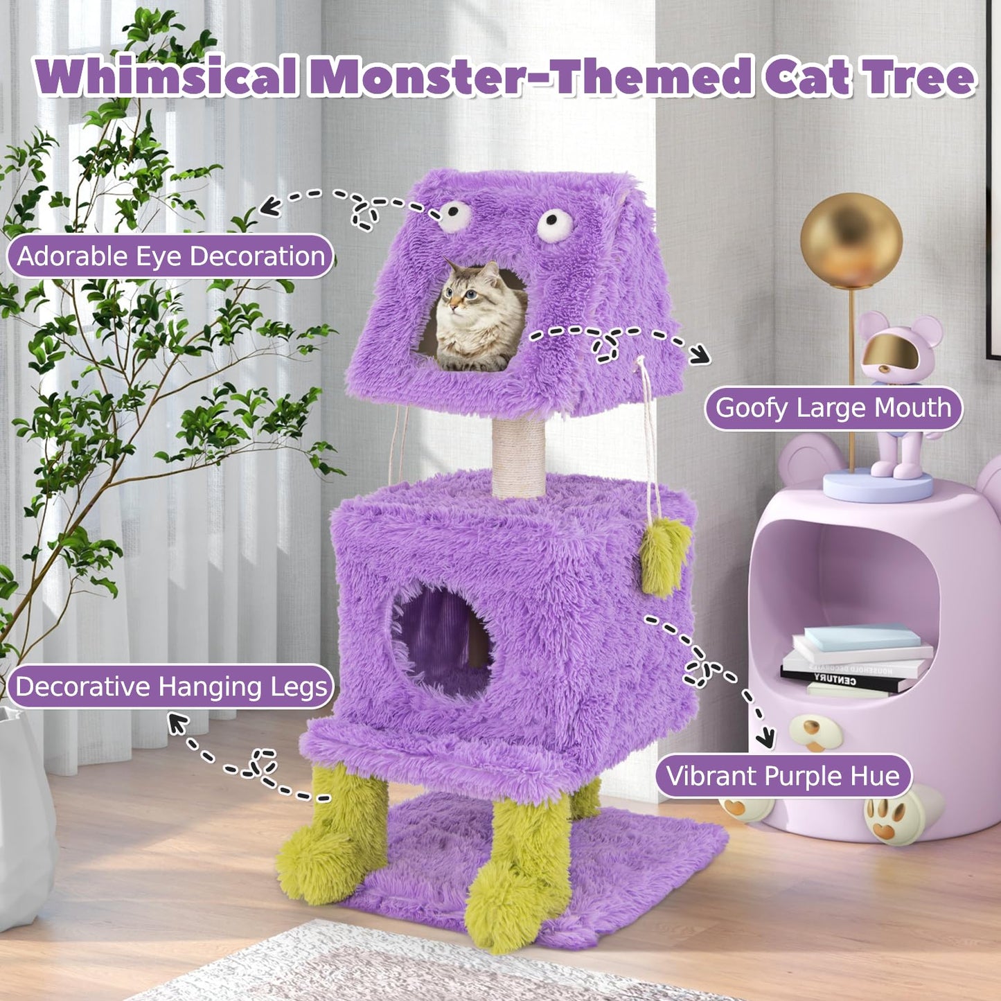 Cute Monster-Themed Cat Tower with 2 Private Condos and Soft Long Plush