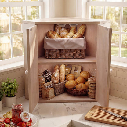 Corner Bread Box for Kitchen Counter, Bamboo Double Layer Breadbox Organizer with Adjustable Shelf