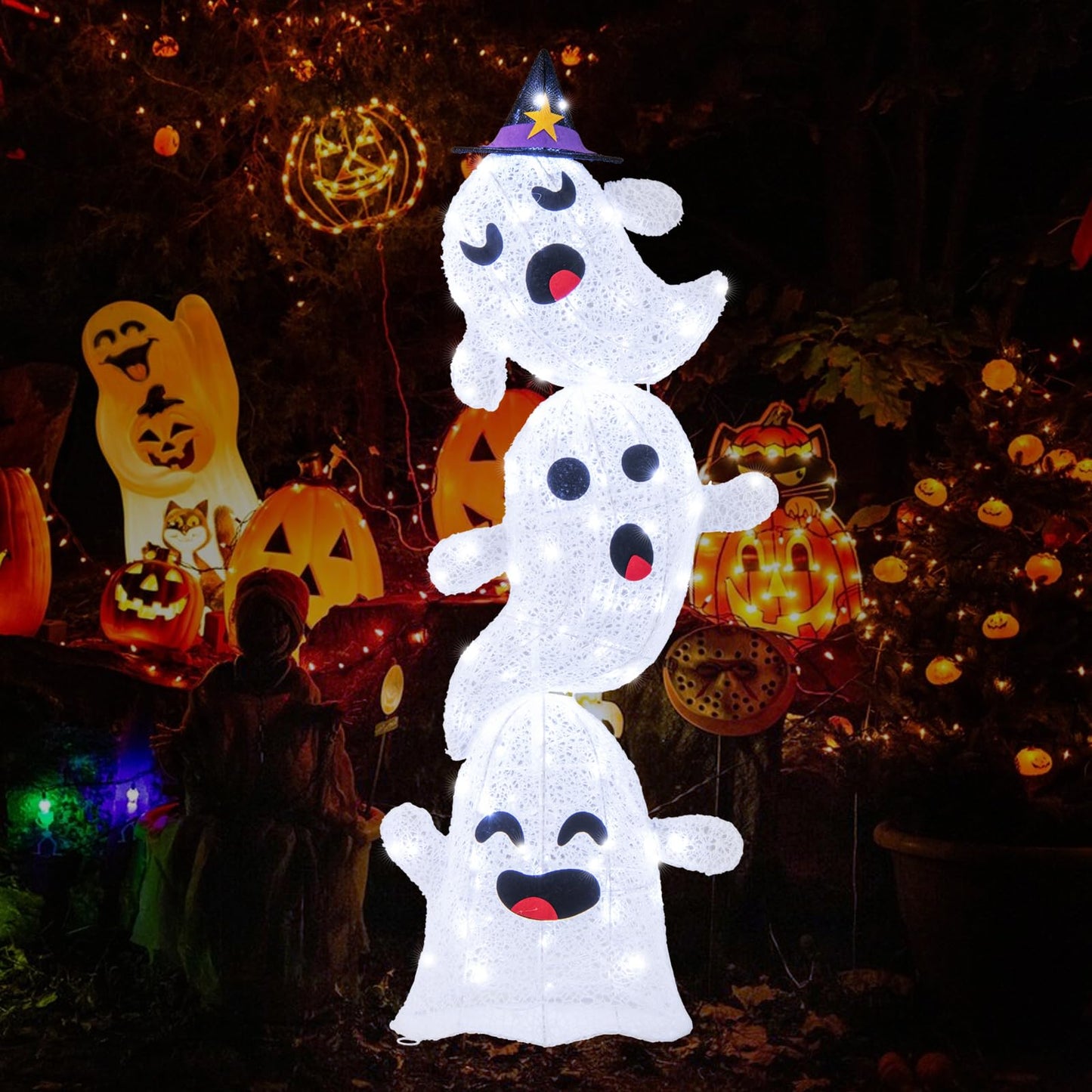 4 FT Lighted Stacked Ghosts with 120 LED Lights and 4 Metal Ground Stakes