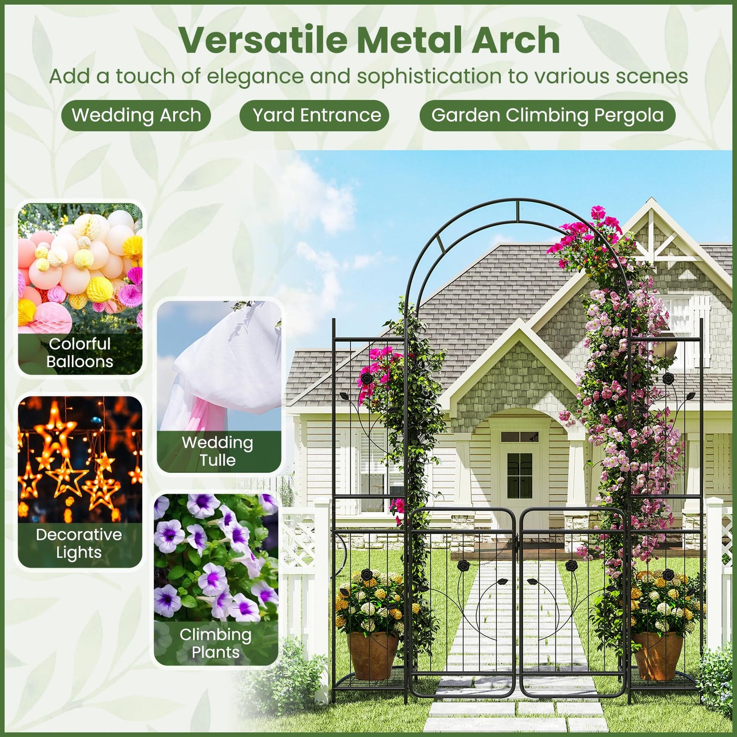 Garden Arch with Gate, Heavy Duty Plants Support Archway for Lawn Backyard Party