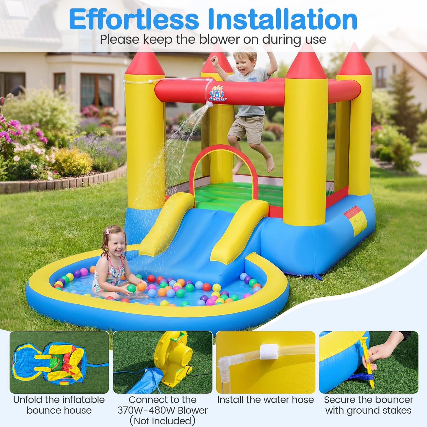 Inflatable Bounce House, Kids Water Park Wet Dry with Splash Pool, Water Slide