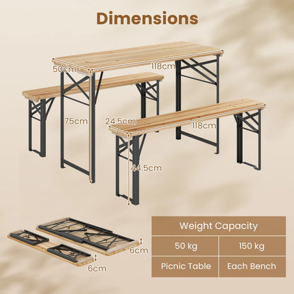 3 Piece Folding Picnic Table and Bench Set, Wooden Portable Camping Trestle Table Chairs