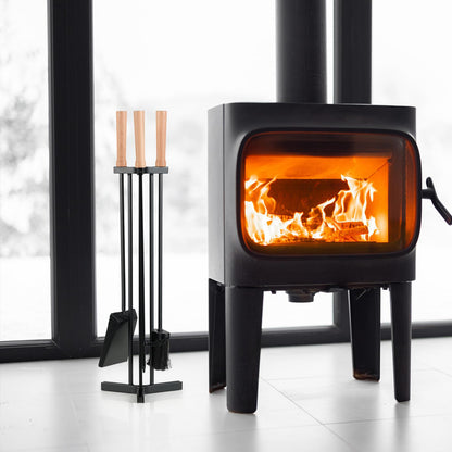 4-Piece Metal Fireplace Tools Set with Wood Handle and Base Stand Holder