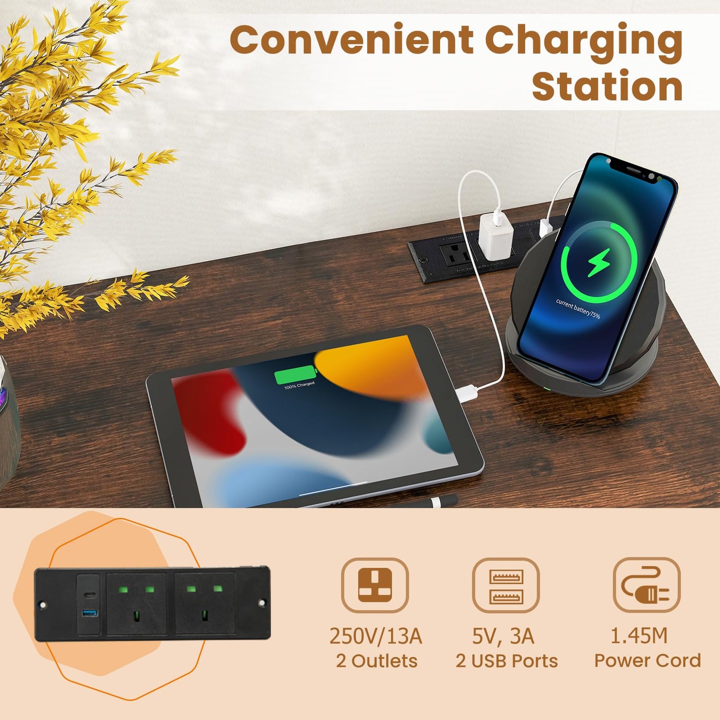 Home Office Desk with Charging Station and Storage Bag