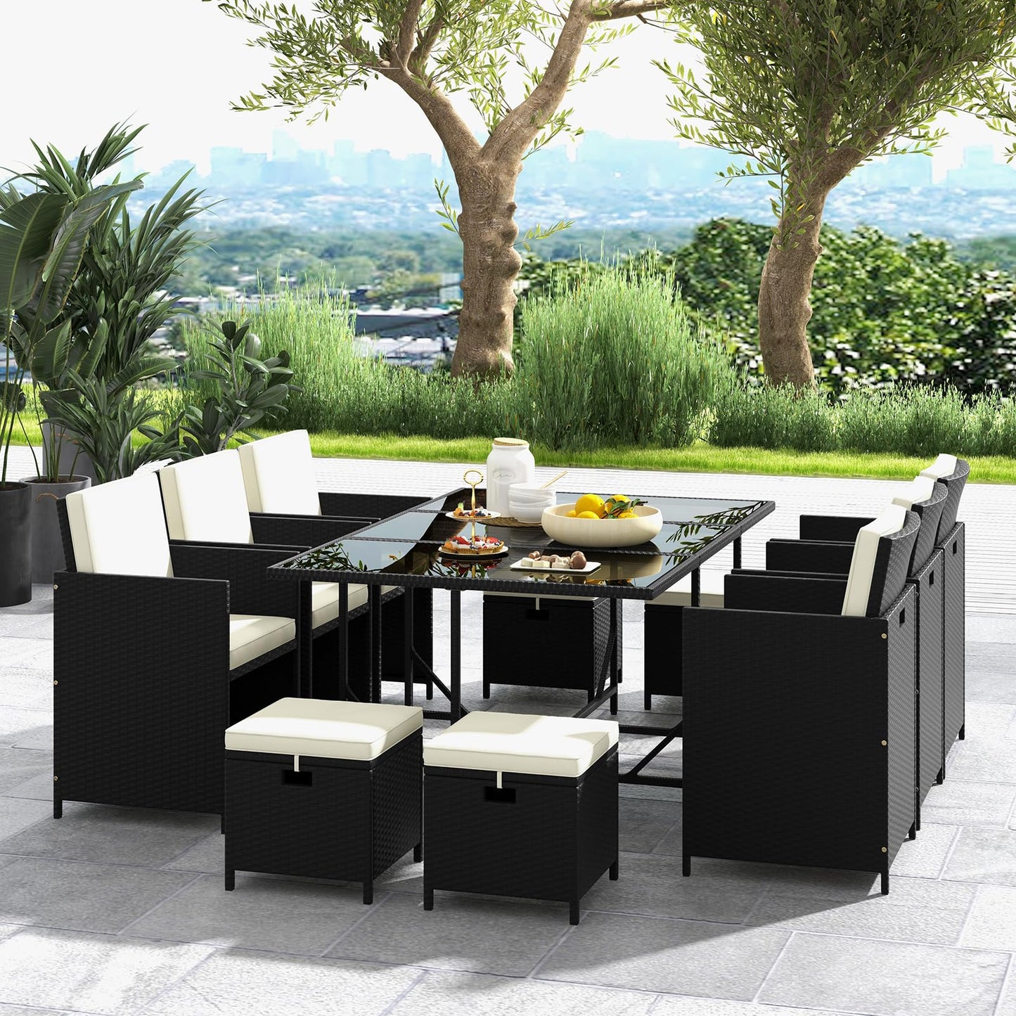 11 Pieces Patio Dining Set with Ottomans for Garden Yard Poolside