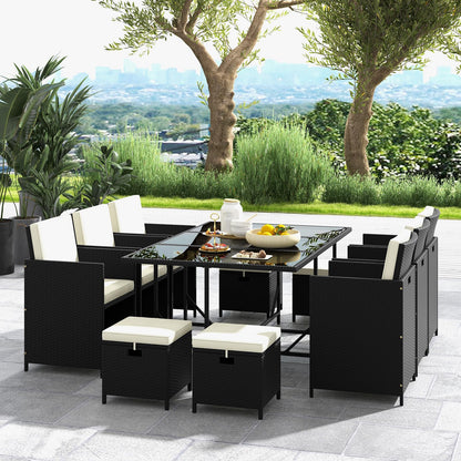 11 Pieces Patio Dining Set with Ottomans for Garden Yard Poolside