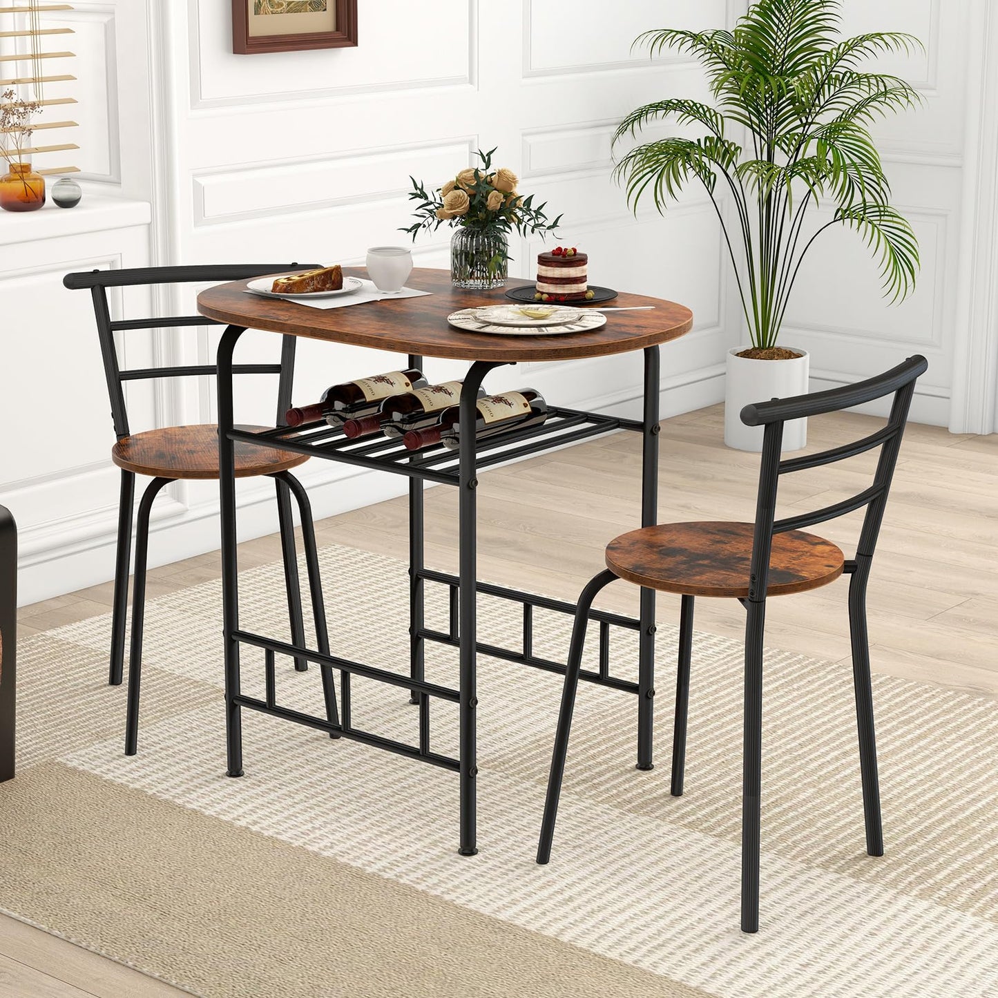 3-Piece Dining Table Set with Extra Wine Rack and Metal Frame