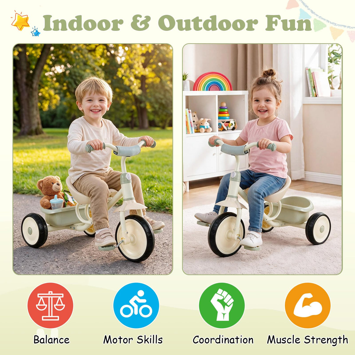 Kids Tricycle, Toddler Trike with Removable Storage Basket