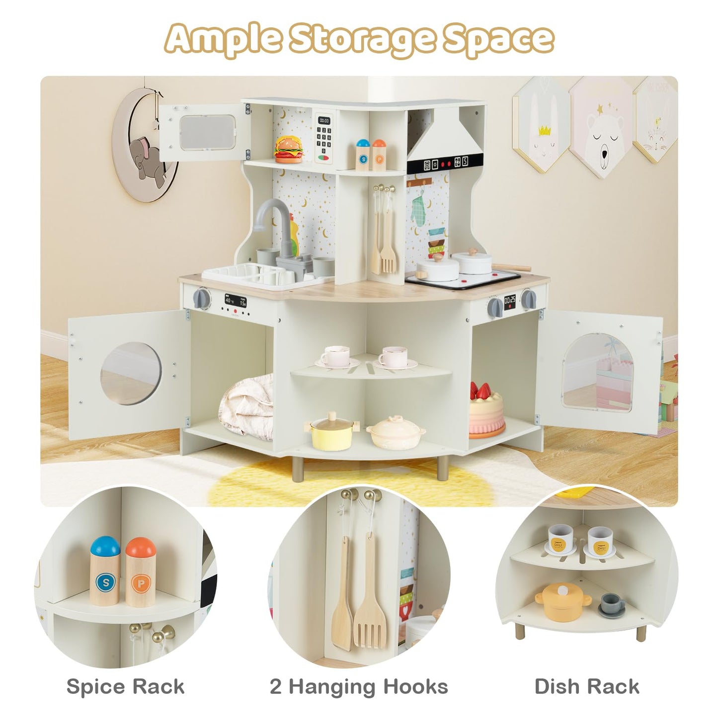 Wooden Corner Kitchen Playset with Working Faucet and Realist Sounds