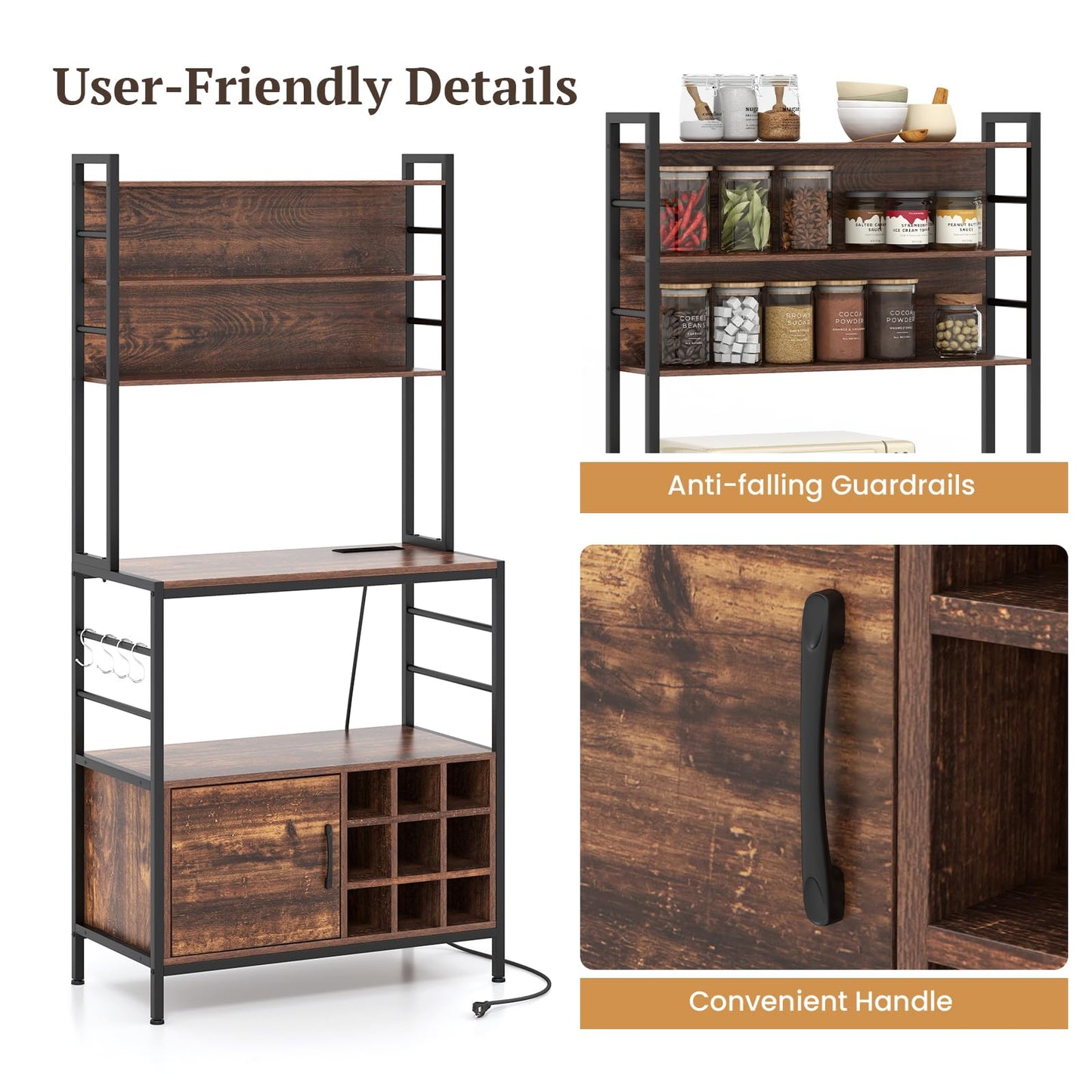 Bakers Rack with Power Outlet and Heavy Duty Metal Frame