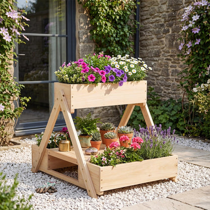 3 Fir Wooden Planter Boxes with Open Storage Shelf and 3 Drainage Holes
