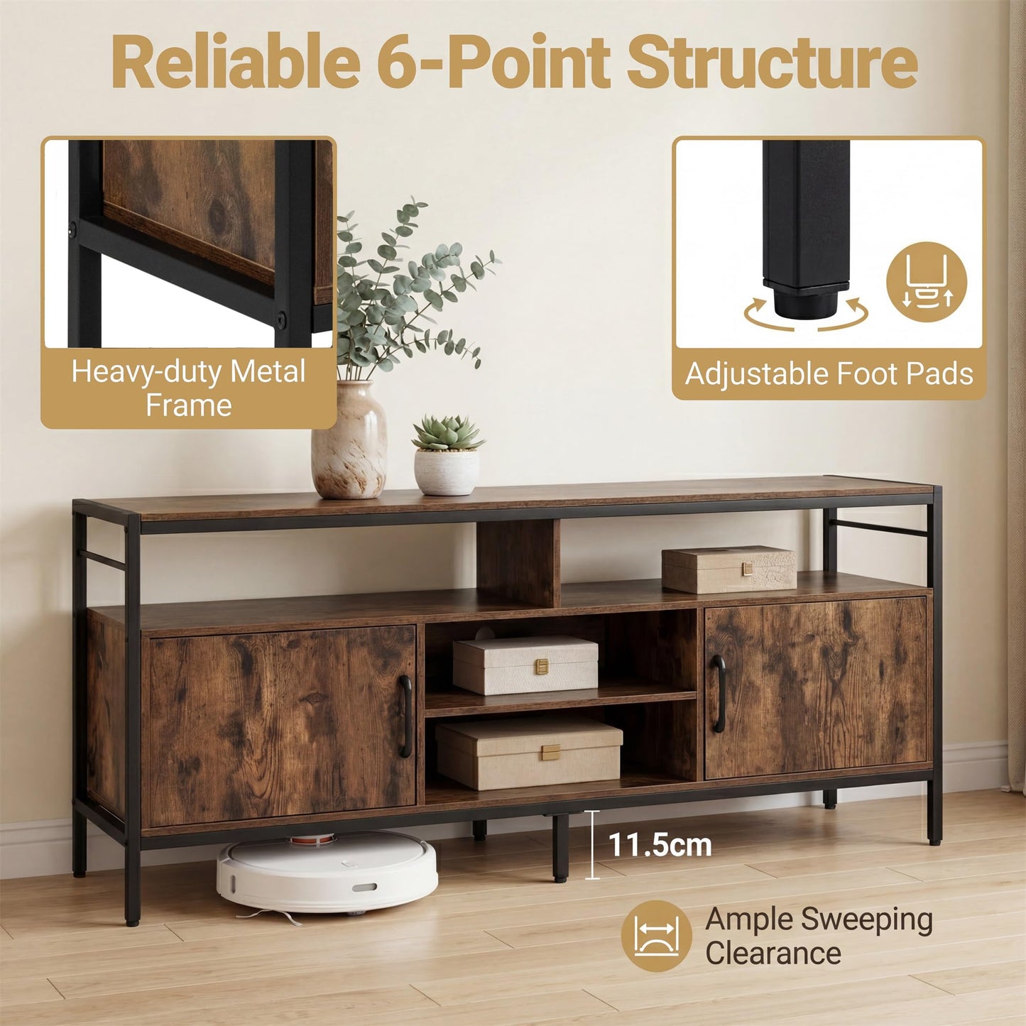 TV Stand Cabinet for TVs up to 65 Inches, 147cm Wooden Media Entertainment Center with 2 Storage Cabinets