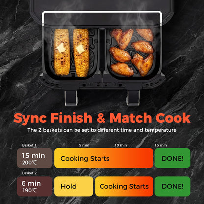8L Dual Zone Air Fryer, 10-In-1 Presets Airfryer Oven with Sync Finish & Match Cook, LED Digital Touch Screen, 85% Less Fat, Nonstick Dishwasher Safe Baskets, Large Family Size,