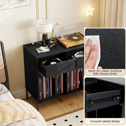 Record Player Stand with Power Outlets and Drawers for Living Room