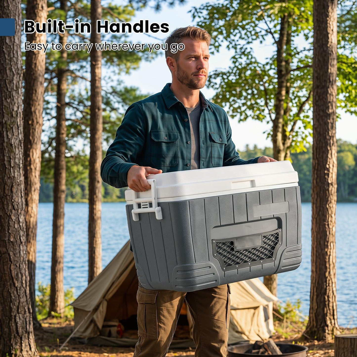 Cup Holders, Drain Plug & Mesh Storage Pocket, Portable Molded Leak-Proof Hard Cooler for Camping