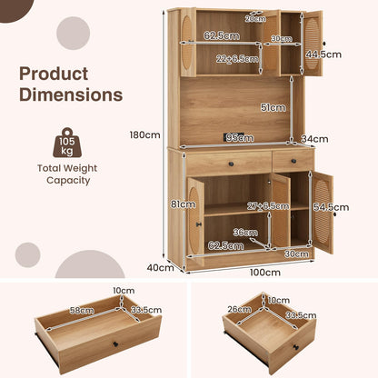 Kitchen Storage Cabinet with Charging Station and 6 Rattan Doors