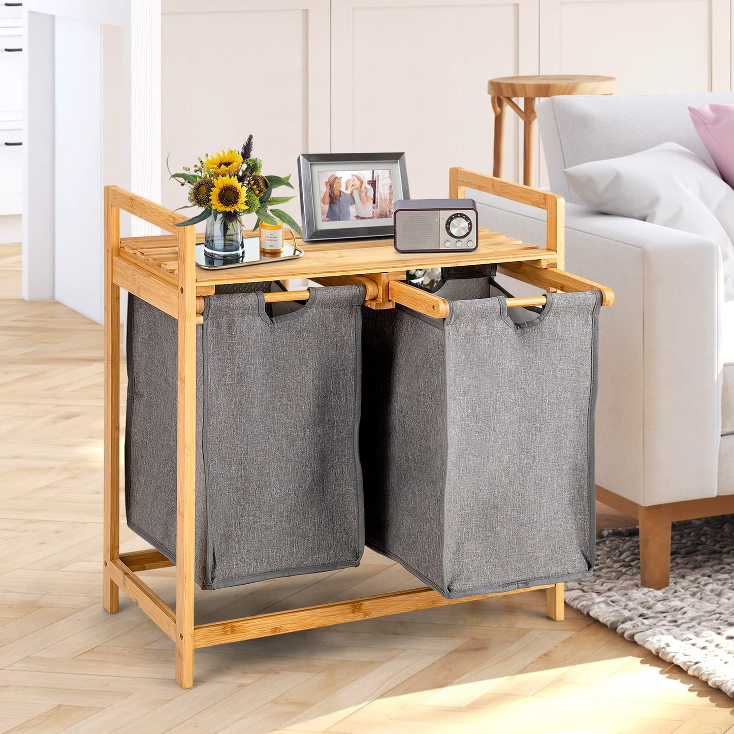 Bamboo Laundry Hamper with Dual Compartments and Removable Sliding Bags
