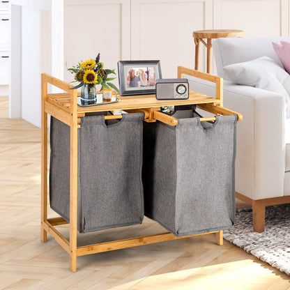 Bamboo Laundry Hamper with Dual Compartments and Removable Sliding Bags