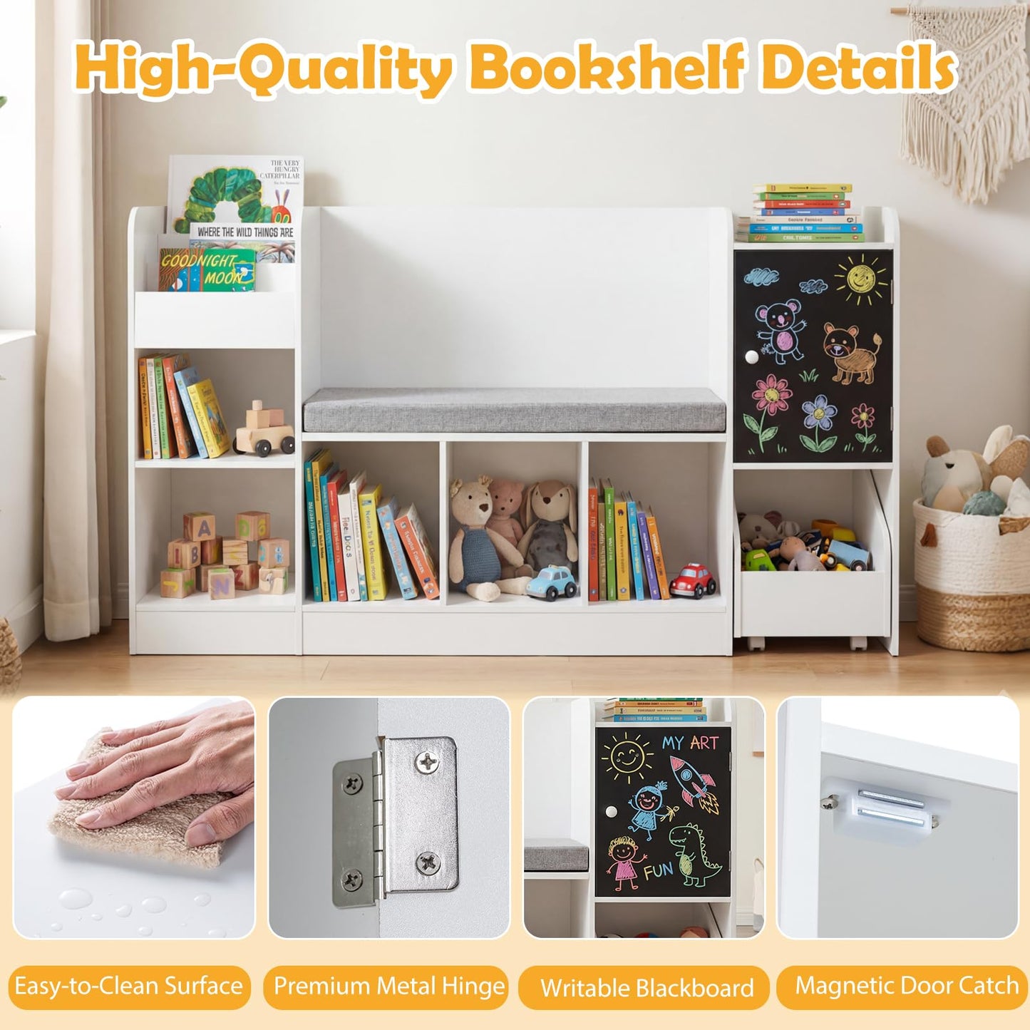 Kids Bookcase and Bookshelf with Reading Nook Toy Storage Organizer with Padded Seat Cushion