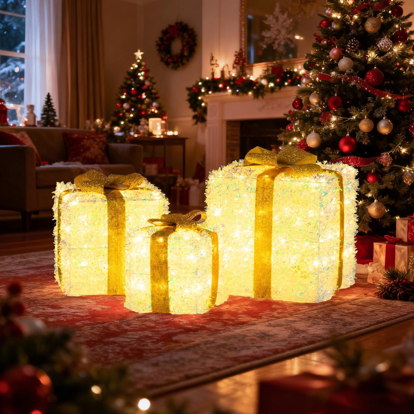 Set of 3 Christmas Lighted Gift Boxes Pre-Lit with Warm White LED Lights