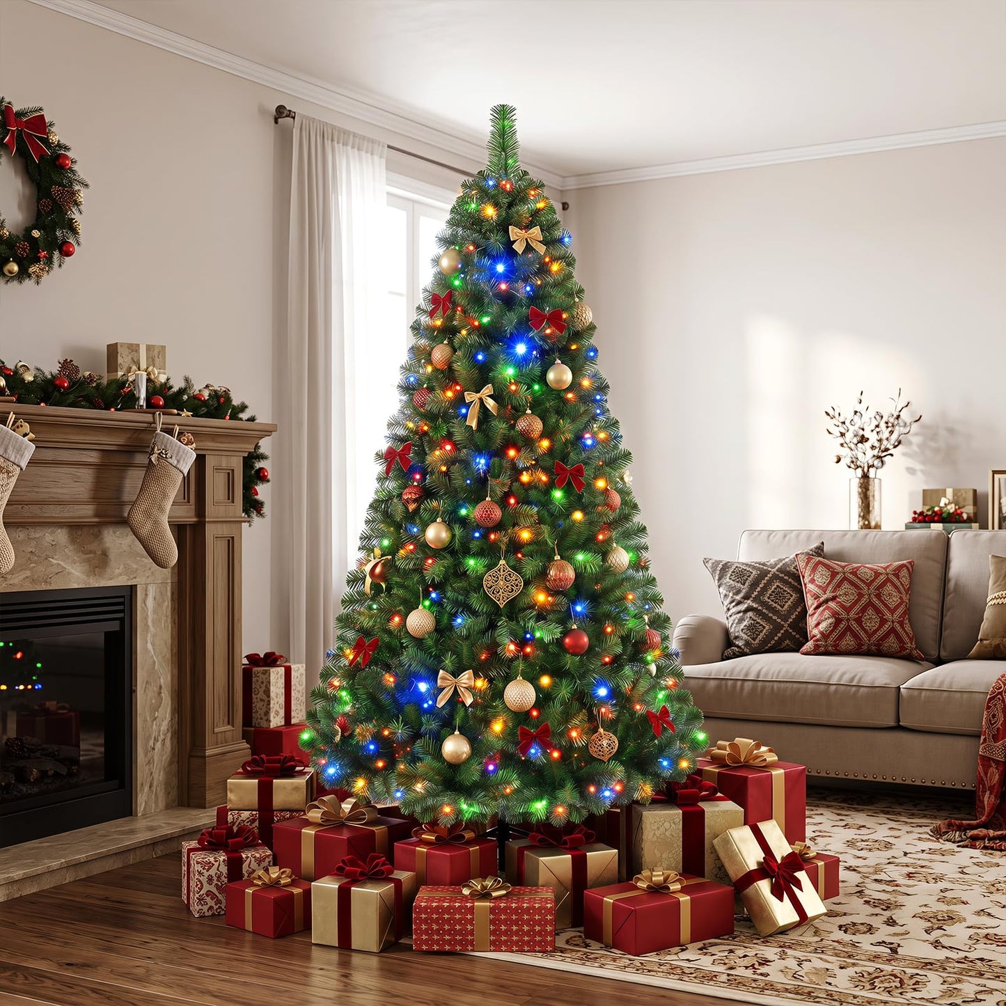 Pre-Lit Artificial Christmas Tree, Hinged Xmas Tree with 350 Warm White & Colorful LED Lights