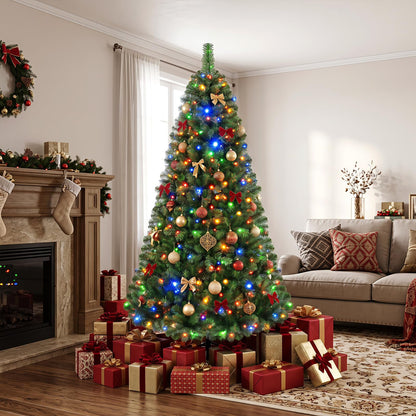 Pre-Lit Artificial Christmas Tree, Hinged Xmas Tree with 350 Warm White & Colorful LED Lights