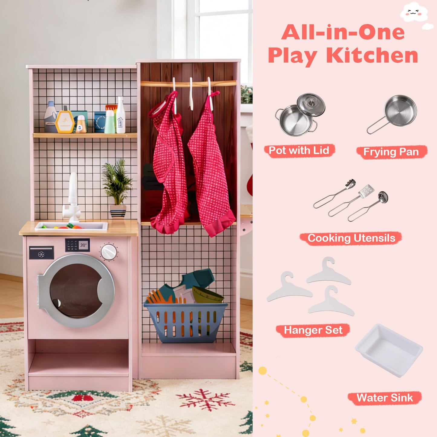 Kids Play Kitchen, Dual-Sided Toddler Pretend Laundry Toy Kitchen Playset