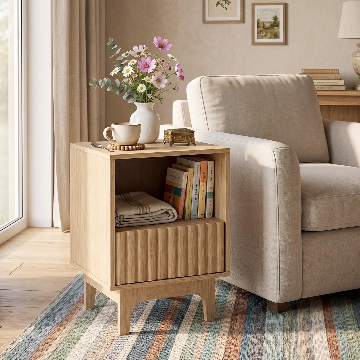 Bedside Table, Wooden Nightstand End Sofa Side Table with Fluted Storage Drawer
