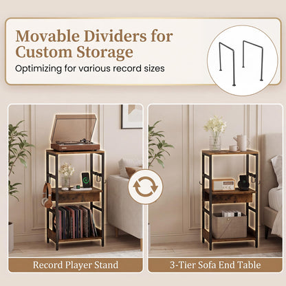 3-Tier Record Player Stand, Industrial Turntable Stand with Charging Station