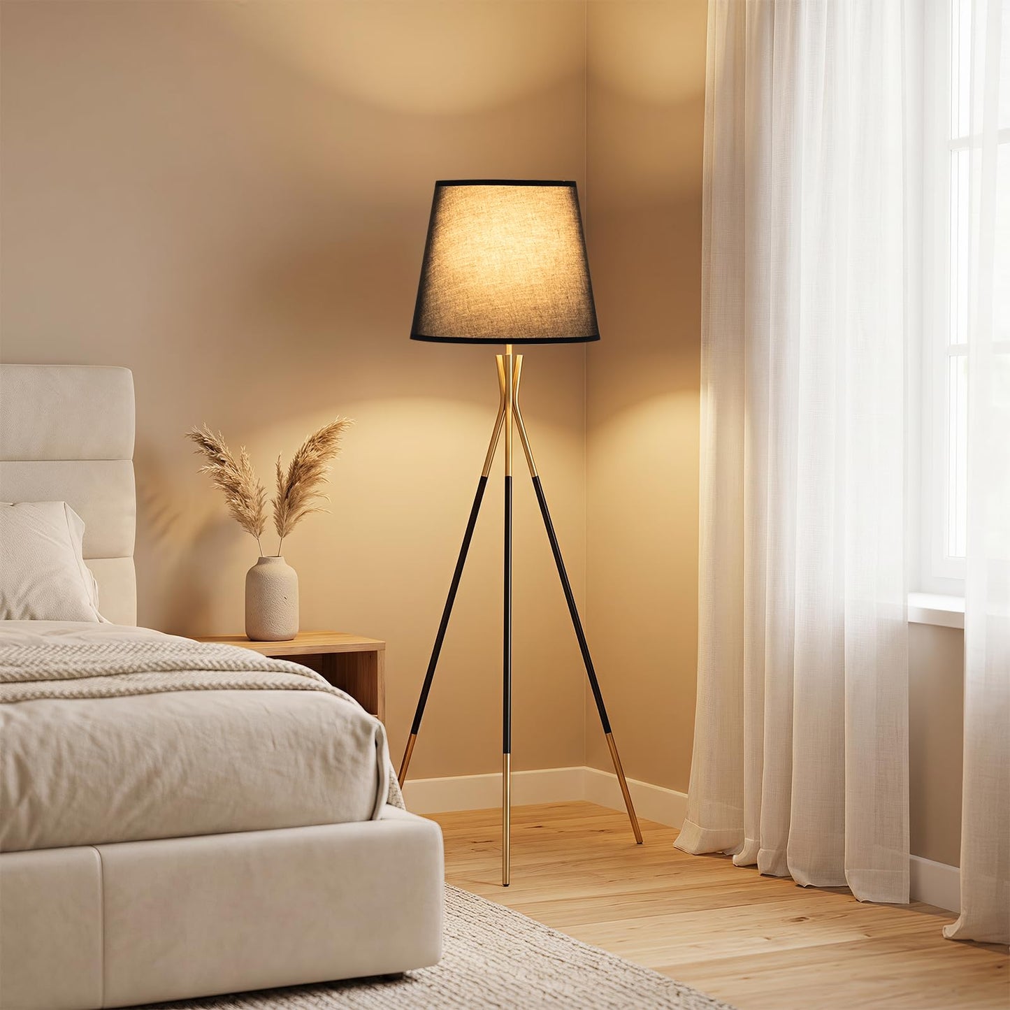 Modern Metal Tripod Floor Lamp with Fabric Shade & Foot Switch